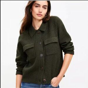 ANN TAYLOR LOFT COLLARED SWEATER JACKET CARDIGAN SPRUCE GREEN PINE NWOT SP